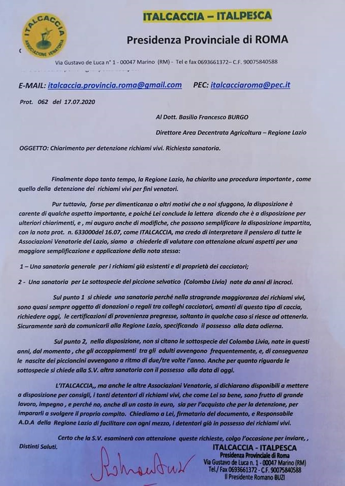 FB_IMG_1595397017605 ItalCaccia Roma: Chiarimento detenzione richiami vivi. Richiesta sanatoria