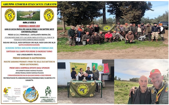 Gruppo Cinofilo Italcaccia Taranto organizza Domenica 3 Marzo 2024 gara di caccia per cani da ferma Continentali/Inglesi