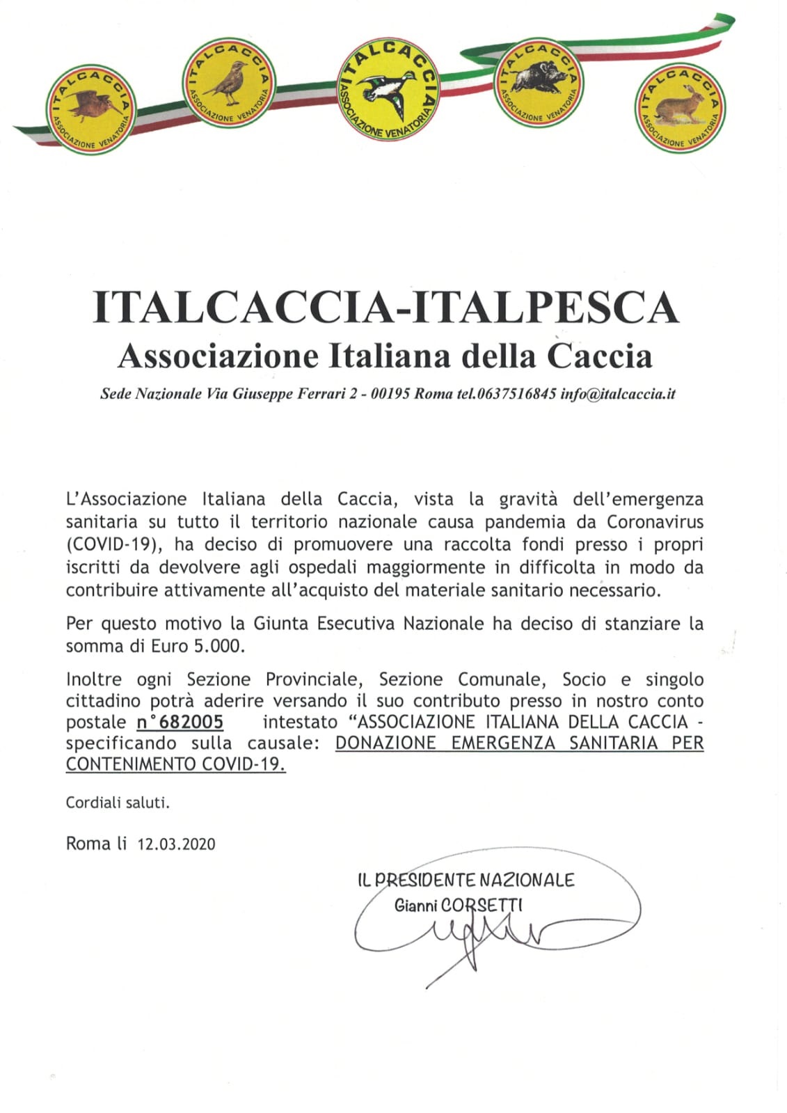 001 ItalCaccia promuove una raccolta fondi per l'emergenza COVID-19
